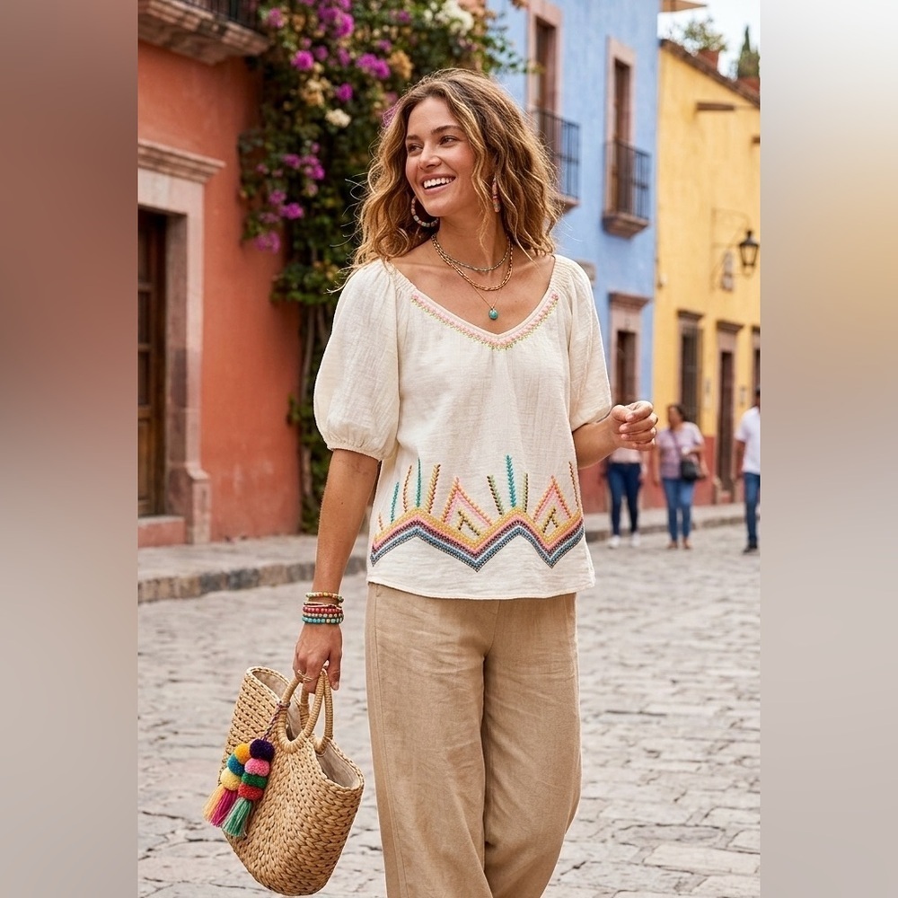 Ivy Jane Boho Peasant Blouse • Embroidered Cotton Gauze Fiesta Top XS